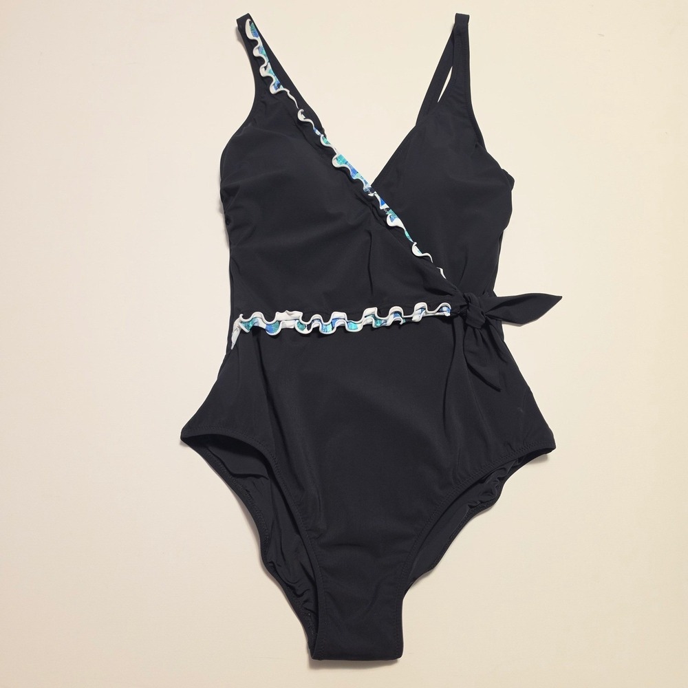 Profile by Gttex Ruffle Trim Wrap One Piece Swimsuit Black Blue Size 10